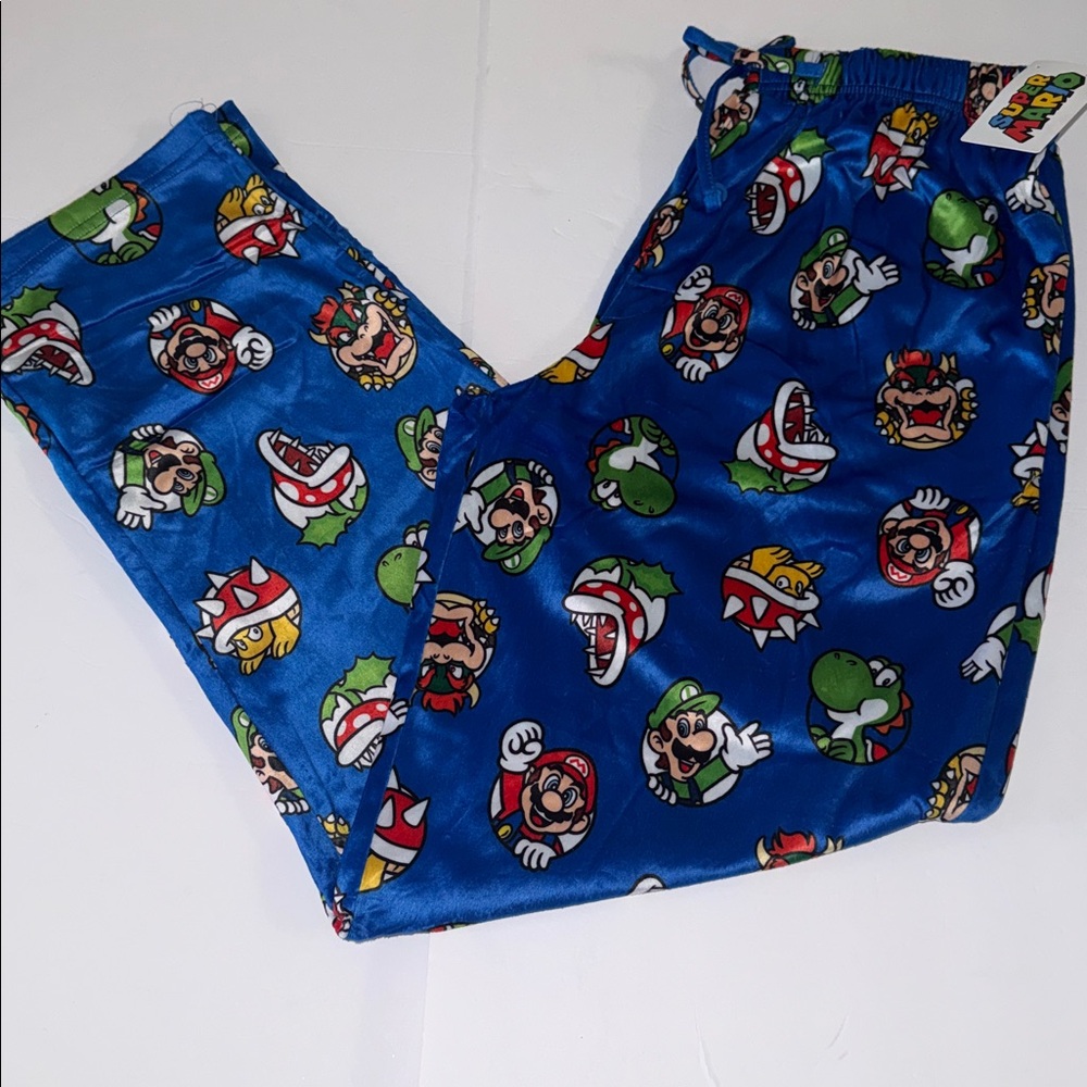 NWT Super Mario Brothers I Christmas Minky Fleece Sleep Pajama Pants Blue Mens M